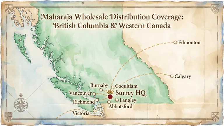 Maharaja Wholesale distribution coverage — Surrey HQ + 10 Western-Canada cities. Real warehouse photography to follow.