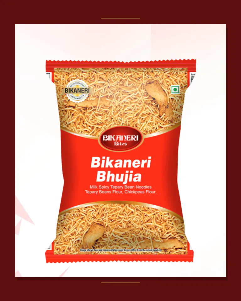 Bikaneri Bites namkeens — Aloo Bhujia, Bikaneri Bhujia, Khatta Meetha, Navratan, and traditional Rajasthani savories on retail-ready packs.