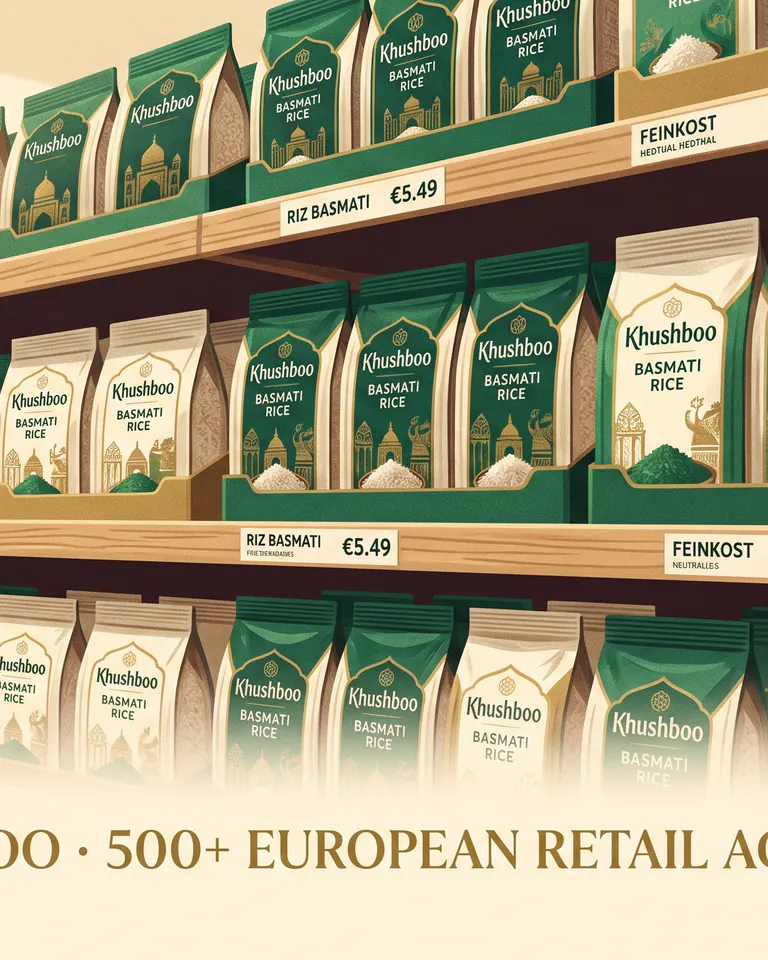 Khushboo basmati on European retail shelves — 500+ accounts and 40+ private-label programs.