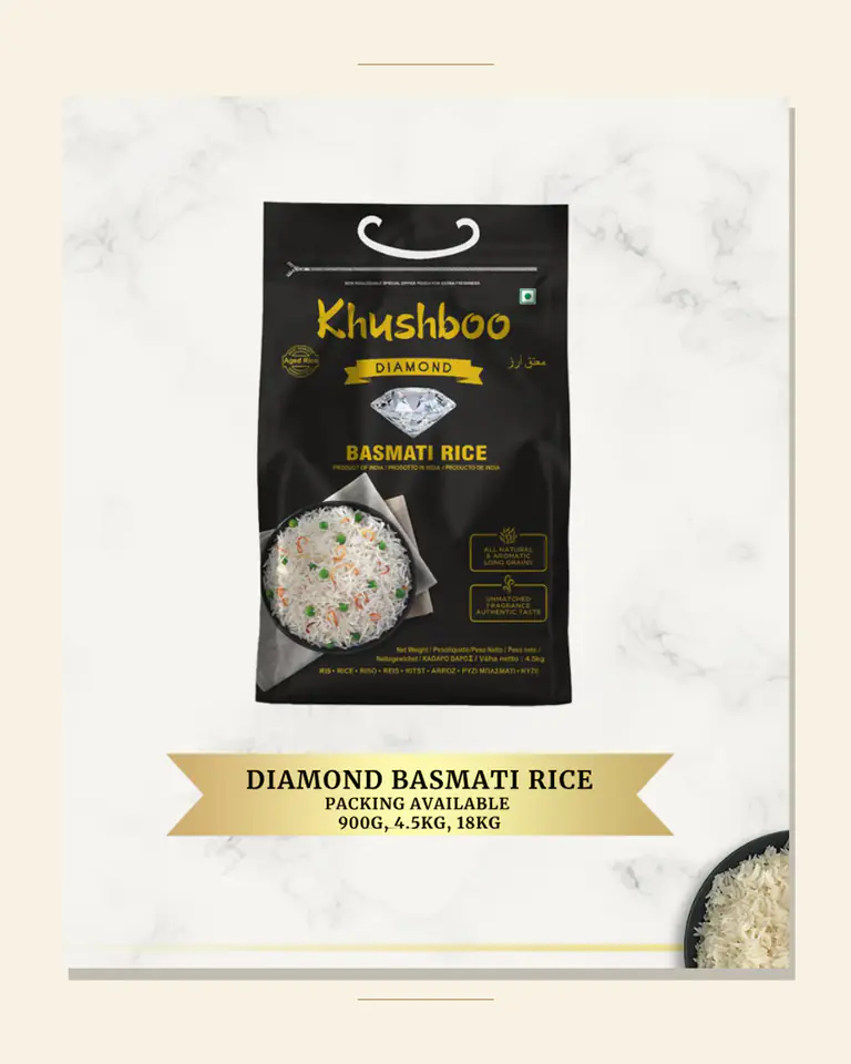 Editorial spread of basmati rice, namkeens, and whole spices — the Indian-grocery product range Maharaja Wholesale supplies to BC restaurants and retailers.