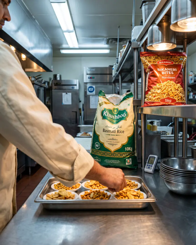 A Lower Mainland BC commercial kitchen running on Maharaja Wholesale's bulk Khushboo basmati and Bikaneri Bites supply.